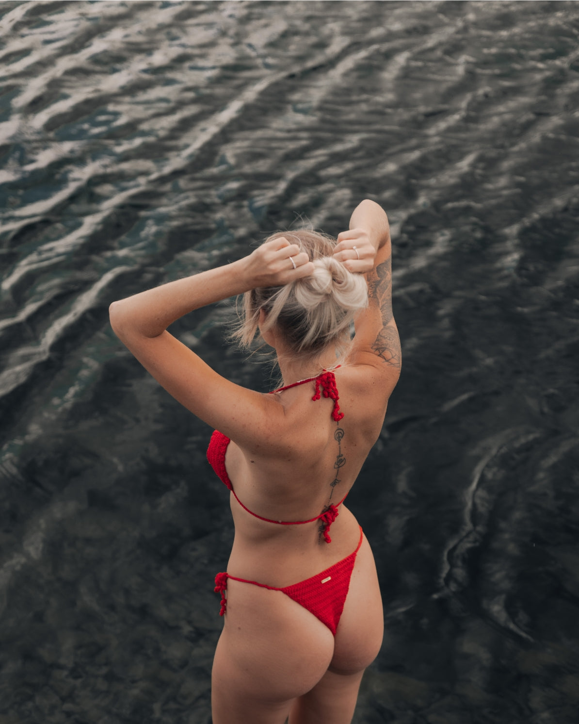 Premium Lace Cherry bikini, luxury handmade swimwear by Twelveeleven, bold and vibrant beachwear for confident women, perfect for lively summer days and unforgettable beach moments.